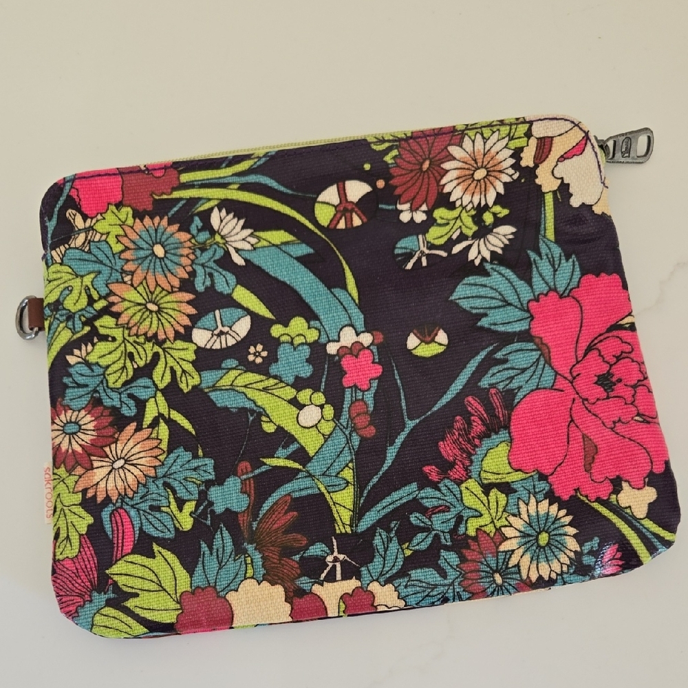 Pink and Green Floral Cosmetic Bag with Tropical Design